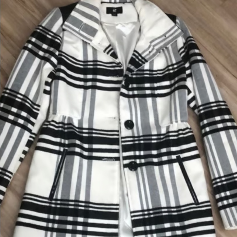 Iz Byer Black and White Plaid Trench Coat